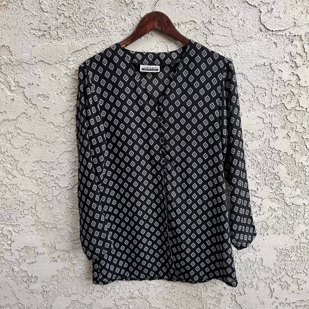 Vintage Contempo Casuals Semi Sheer Microprint Tunic Blouse Black White M